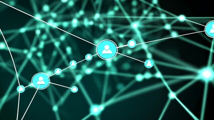 A digital network of connected nodes showing profile icons on a dark cyan backdrop with linked white lines forming connections - Powered by Adobe
