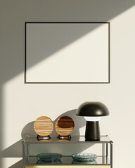 Horizontal photo frame with black edge and bright sunlight, styled with designer lamp and ceramics,...