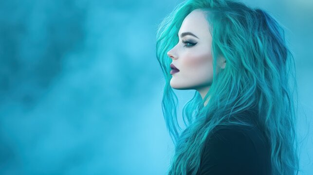 Mystic Profile: A mesmerizing portrait of a woman with captivating turquoise hair, her gaze fixed forward in a striking pose against a soft, evocative background.