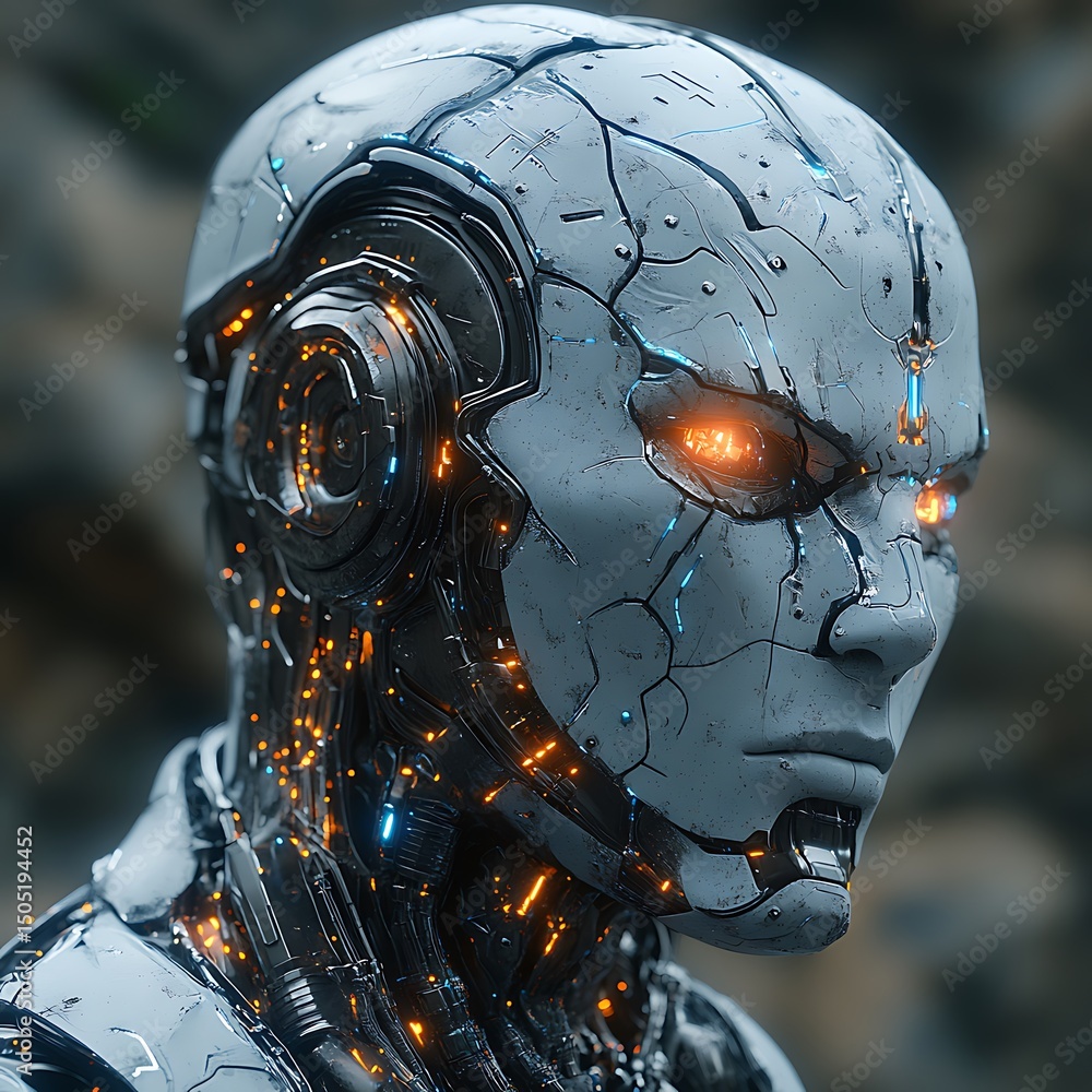 Aufkleber cybernetic head with glowing orange eyes featuring detailed circuitry and a high resolution image fo