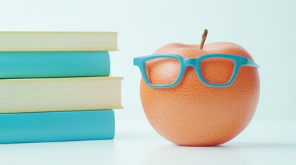 Creative concept of an apple wearing glasses next to colorful books