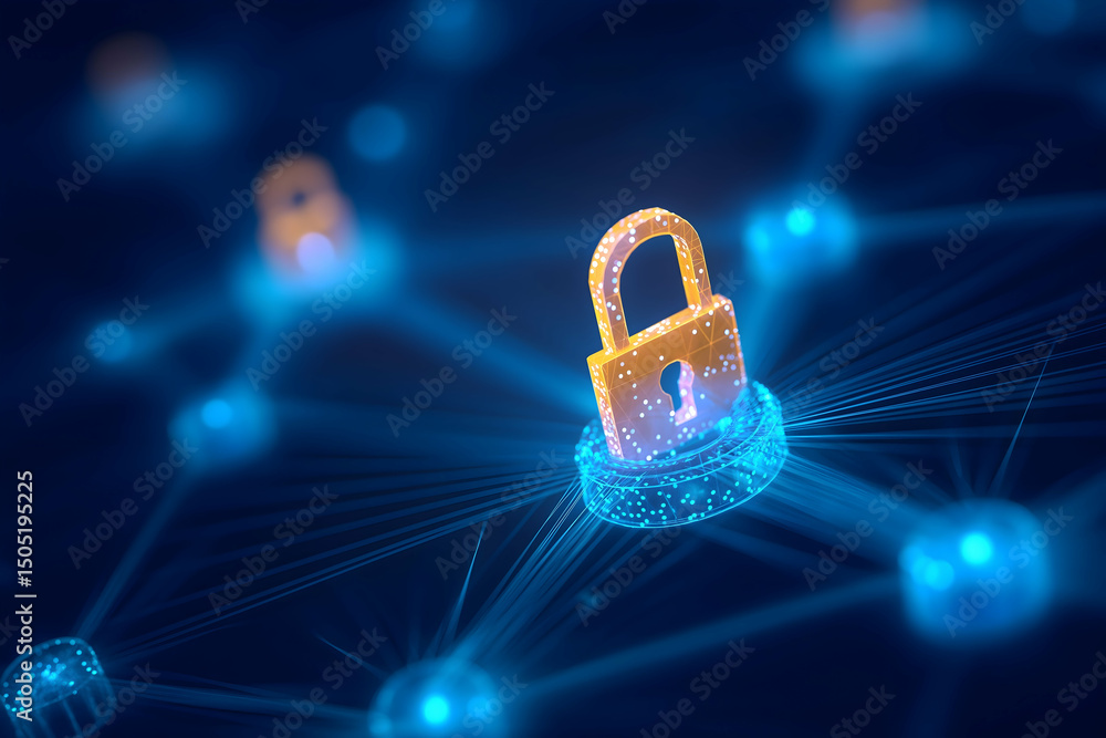 Poster a glowing padlock symbolizes cybersecurity and data protection in a digital network environment.