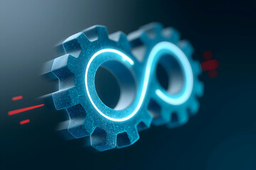 A glowing infinity symbol connects two gears, symbolizing continuous operation, automation, or infinite processes in a technological context.