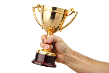 Gold trophy held in hand isolated on a white background