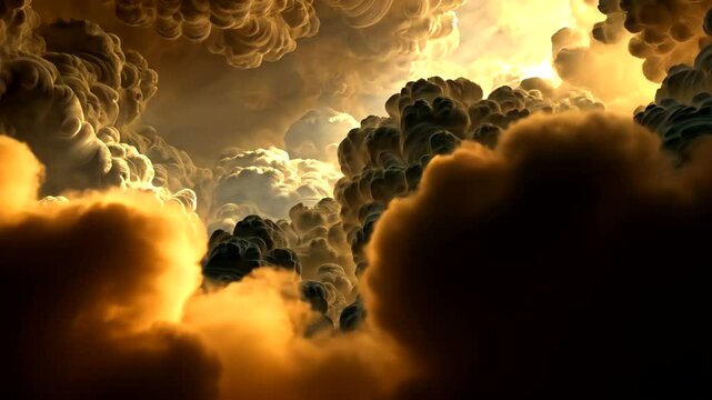 Ethereal sky filled with billowing, swirling clouds illuminated by a golden light source, casting shadows and depth