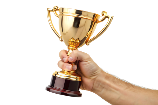 Gold trophy held in hand isolated on a white background