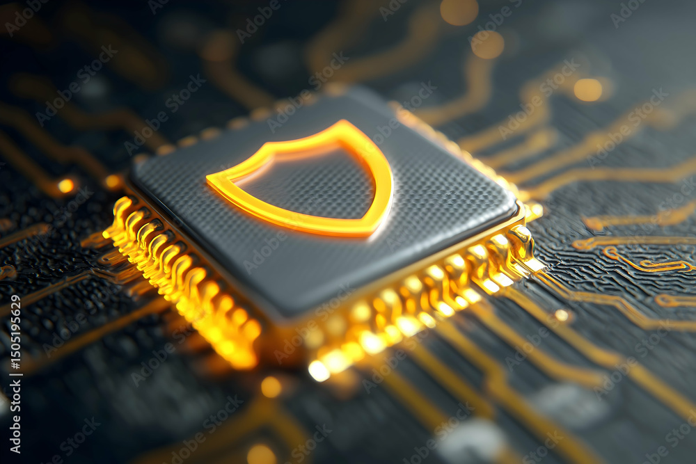 Poster a microchip with a glowing shield icon represents cybersecurity and data protection in digital techn