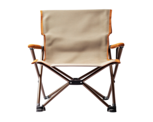 Close up shot of a beige folding camping chair
