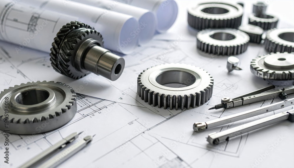 Poster mechanical gear equipment and drafting tools are essential for precise research and design work in e