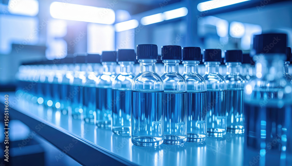Poster clear glass bottles with black caps are lined up on table in bright lab setting showing research equ