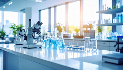 Laboratory research equipment with microscope and glassware filled with blue liquid on white table in bright modern lab