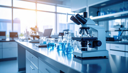 Laboratory research equipment with microscope and glassware filled with blue liquid on clean table in bright scientific lab environment