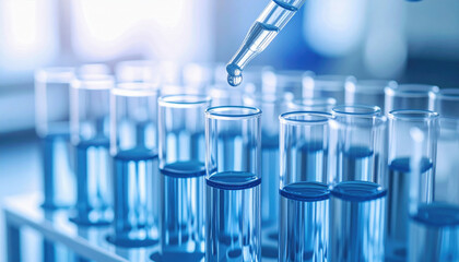 Research equipment with glass test tube and dropper in laboratory setting showing scientific experiment and analysis