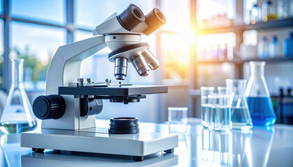 Microscope equipment in bright laboratory setting used for research with glassware and scientific tools creating focused environment