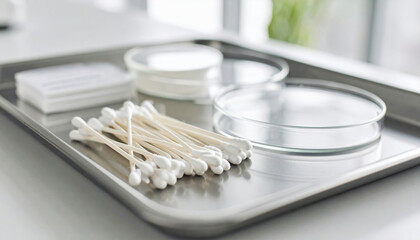 Cotton swabs and petri dishes are essential research equipment arranged neatly on metal tray in bright laboratory setting