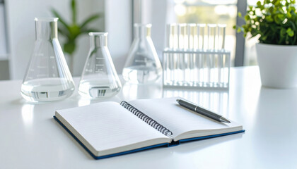 Open notebook with pen lies on white table surrounded by research equipment including glass beakers and test tubes in bright lab setting