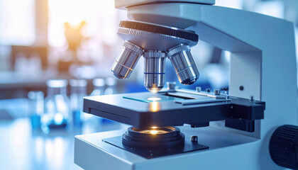 Microscope equipment used for research in laboratory setting with bright light and scientific tools focused on detailed analysis