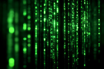 A digital rain of green glowing particles falling down in a dark abstract technological environment