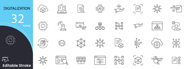 Digitalization related icons set. Including technology, data, transformation, automation, cloud, innovation, digital, and progress. Editable stroke. outline icons.

