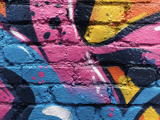Close up of a brick wall covered in bright graffiti with pink blue yellow and black colors