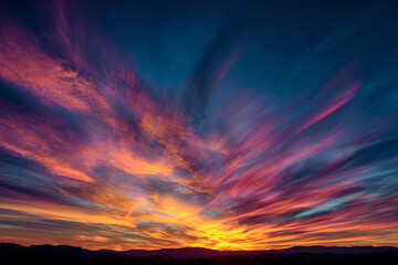 A vibrant sunset sky with pink and orange clouds over a dark horizon line at twilight time view
