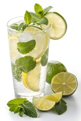 Glass of Cold Lemon and Mint Infused Water with Lime Slices &ndash; Refreshing Beverage on White Background