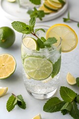 Glass of Cold Lemon and Mint Infused Water with Lime Slices &ndash; Refreshing Beverage on White Background