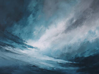 A dramatic sky filled with swirling clouds in shades of blue gray and white creating a dynamic scene