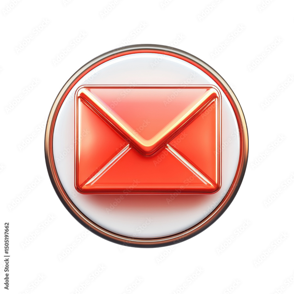 Poster gleaming red email icon representing communication on a pristine white on transparent background