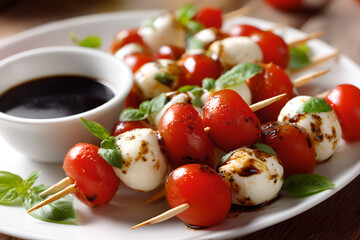 Close up of caprese skewers with tomatoes mozzarella basil and balsamic glaze on a white plate