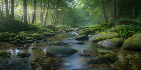 Serene Forest Stream with Misty Morning Light and Moss-Covered Rocks


