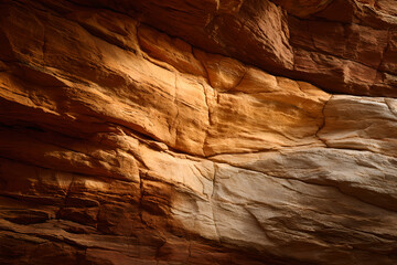 Close up view of layered rock formations with varying shades of brown and beige textures and patterns