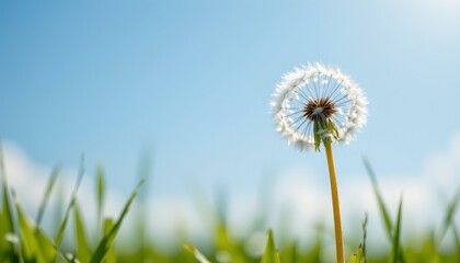 Naklejka premium a soft focus image of a single dandelion seed floating against a pale blue sky