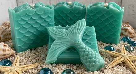 A bar of soap with a mermaid scale pattern in a green and blue gradient, resting on a bed of crushed shells