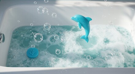 A soap shaped like a dolphin jumping through bubbles, viewed from above in a bathtub 