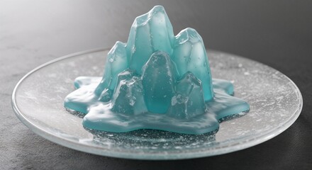 An iceberg shaped soap with jagged edges and light blue undertones, gently melting on a frosted glass dish
