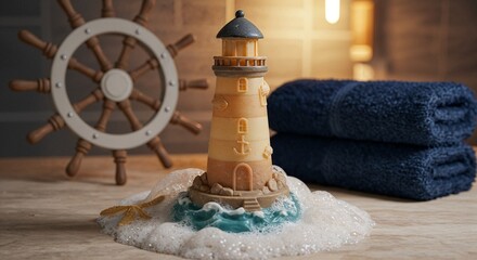 A lighthouse-shaped soap with foamy "waves" around the base, placed in a nautical setting 
