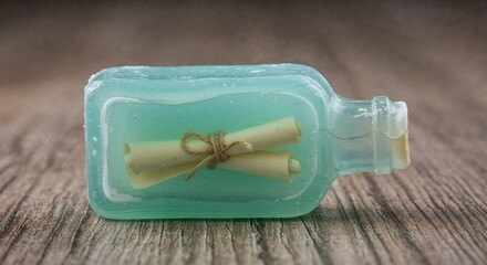 A bar of soap that mimics a message in a bottle, with a paper scroll embedded in clear soap