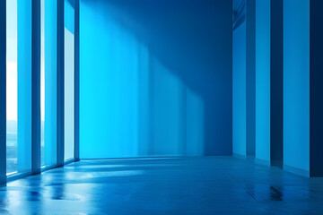empty room with blue curtains