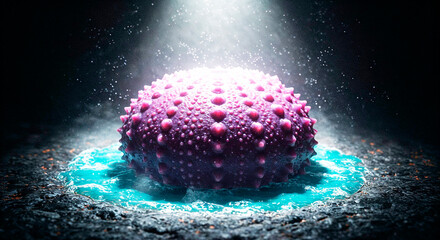 Sea urchin-inspired soap with pointed texture, deep purple color, placed on volcanic rock