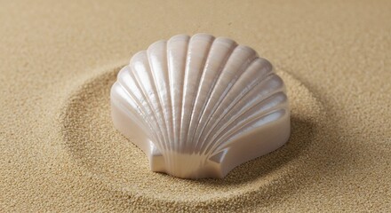 Shell-shaped soap placed on sandy surface for decorative purposes  