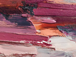Close up of thick brushstrokes of pinks reds oranges and white oil paint on a textured canvas surface