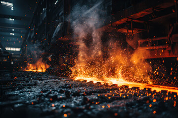 Molten metal glowing with sparks and smoke in a dark industrial setting with heavy machinery
