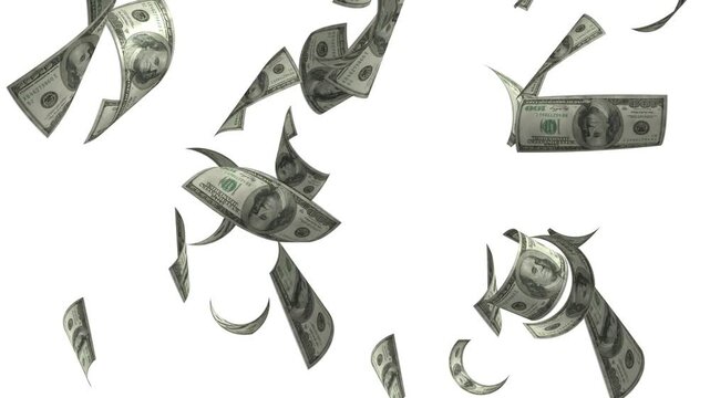 Dollar notes flying free on a white screen, flying money animation 4K	
