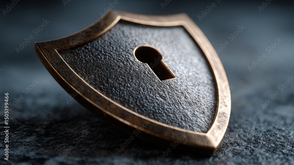Poster metal shield with lock icon concept representing data security and protection in a modern digital la