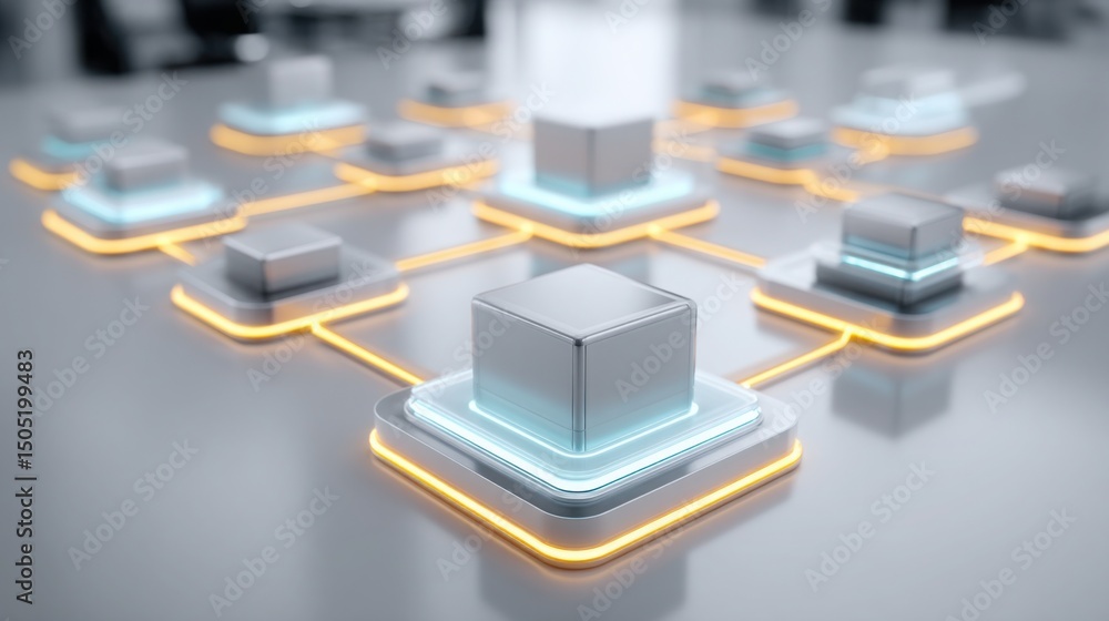 Poster interconnected cube icon concept representing digital business process mapping in a modern corporate