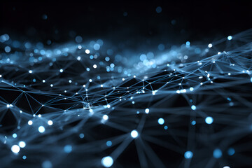 An abstract network of blue lines and glowing dots connecting in a dark and blurry background