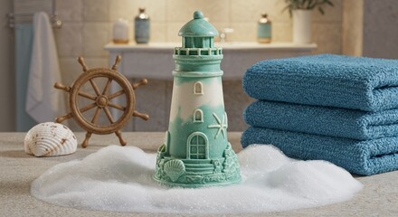 Lighthouse-shaped soap on a countertop with towels and decor  