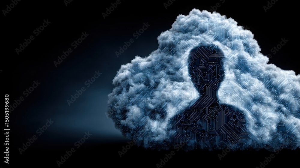 Poster digital hr icon concept featuring cloud and user icon with circuit design representing modern human 