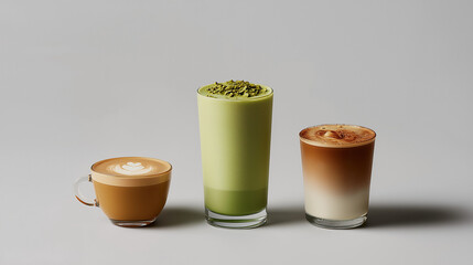 Three stylish coffee beverages matcha latte, flat white, and macchiato neatly arranged on a minimal grey background with clean lighting.